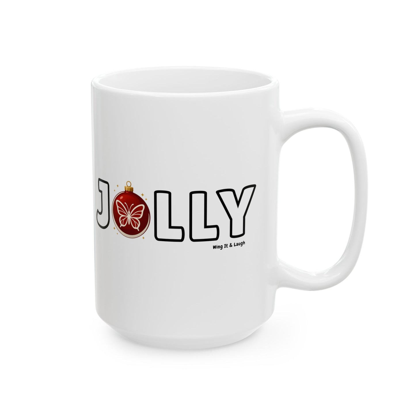 White 15oz mug with 'Jolly' text and Christmas butterfly ornament print on a white background