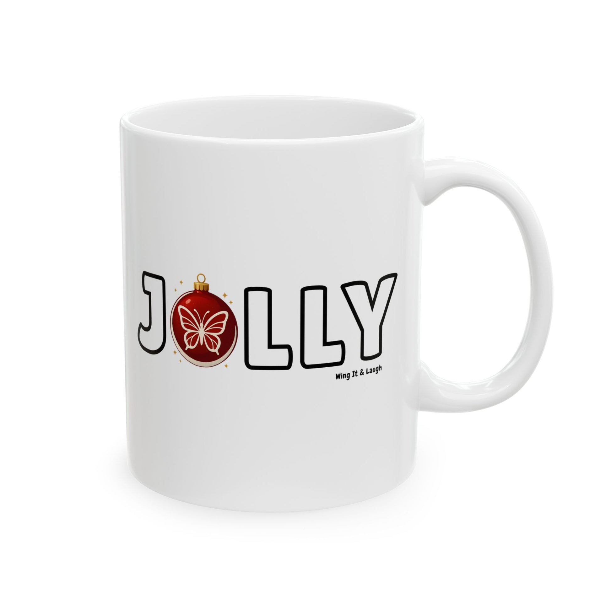 White 11oz mug with 'JOLLY' text and Christmas butterfly ornament design on a white background