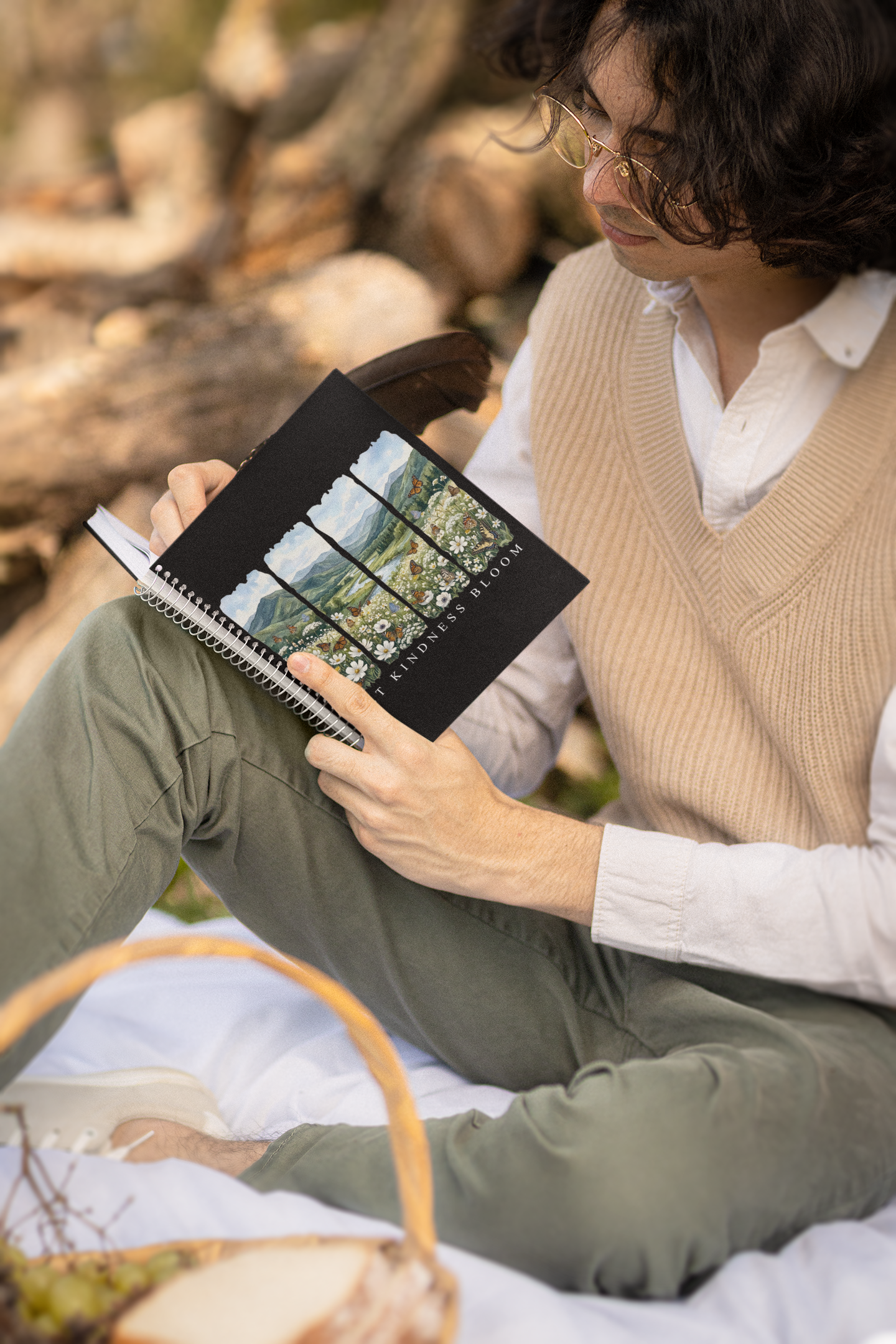 Person holding and writing in a Let Kindness Bloom butterfly floral notebook in a cozy outdoor lifestyle image with a picnic setup