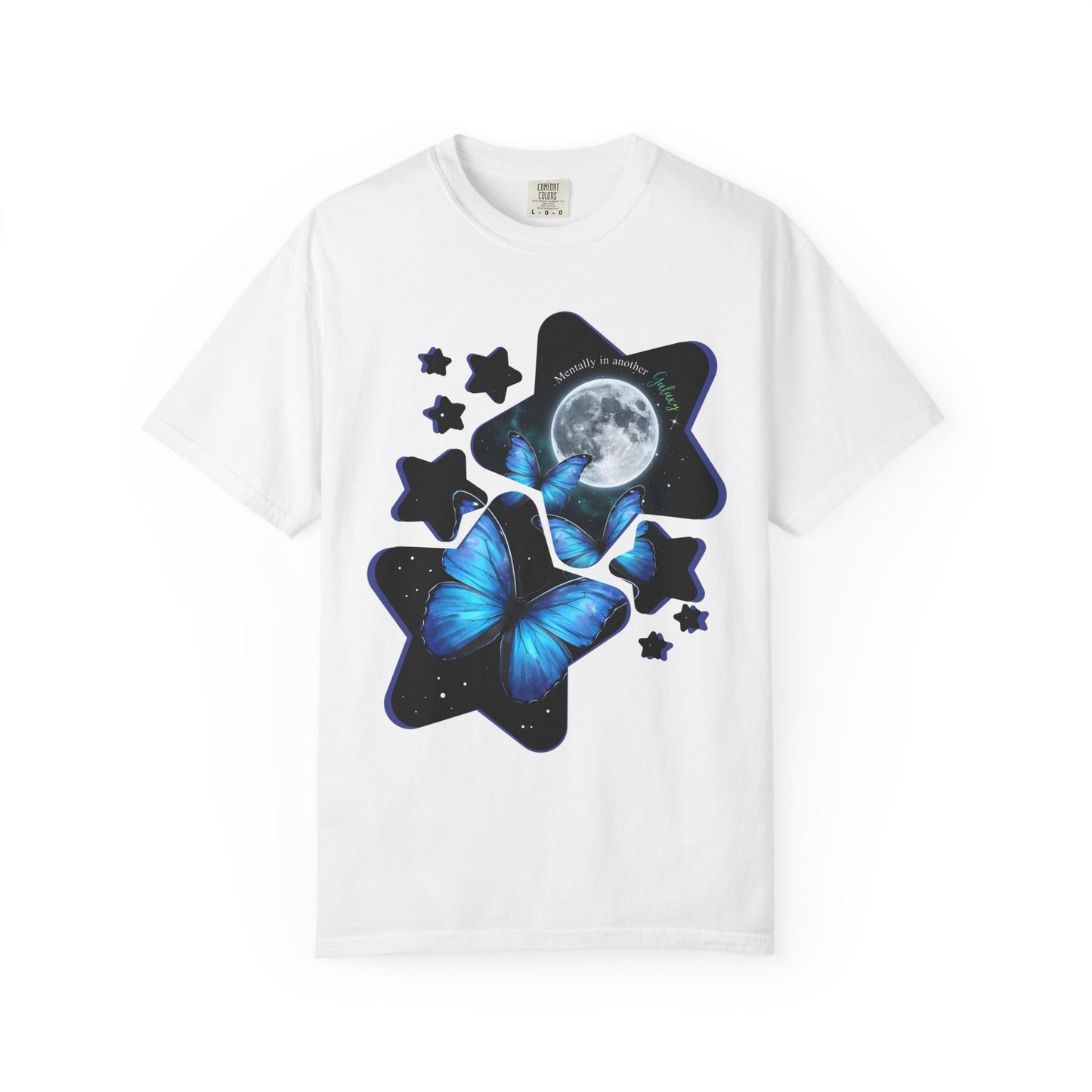 White celestial blue morpho butterfly moon and stars galaxy shirt on a white background