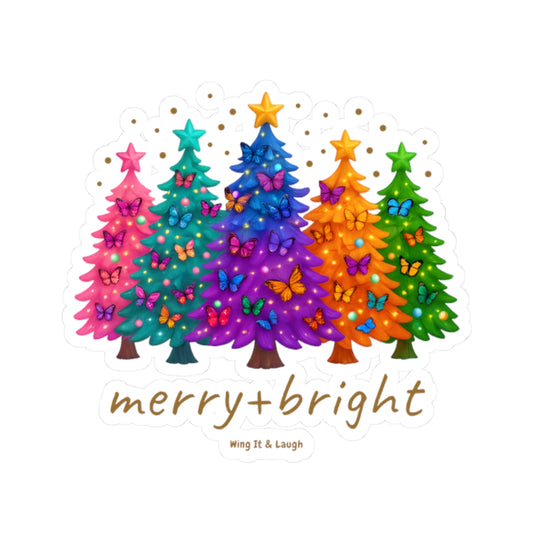Colorful Christmas trees vinyl sticker with butterflies and 'merry+bright' text on a white background