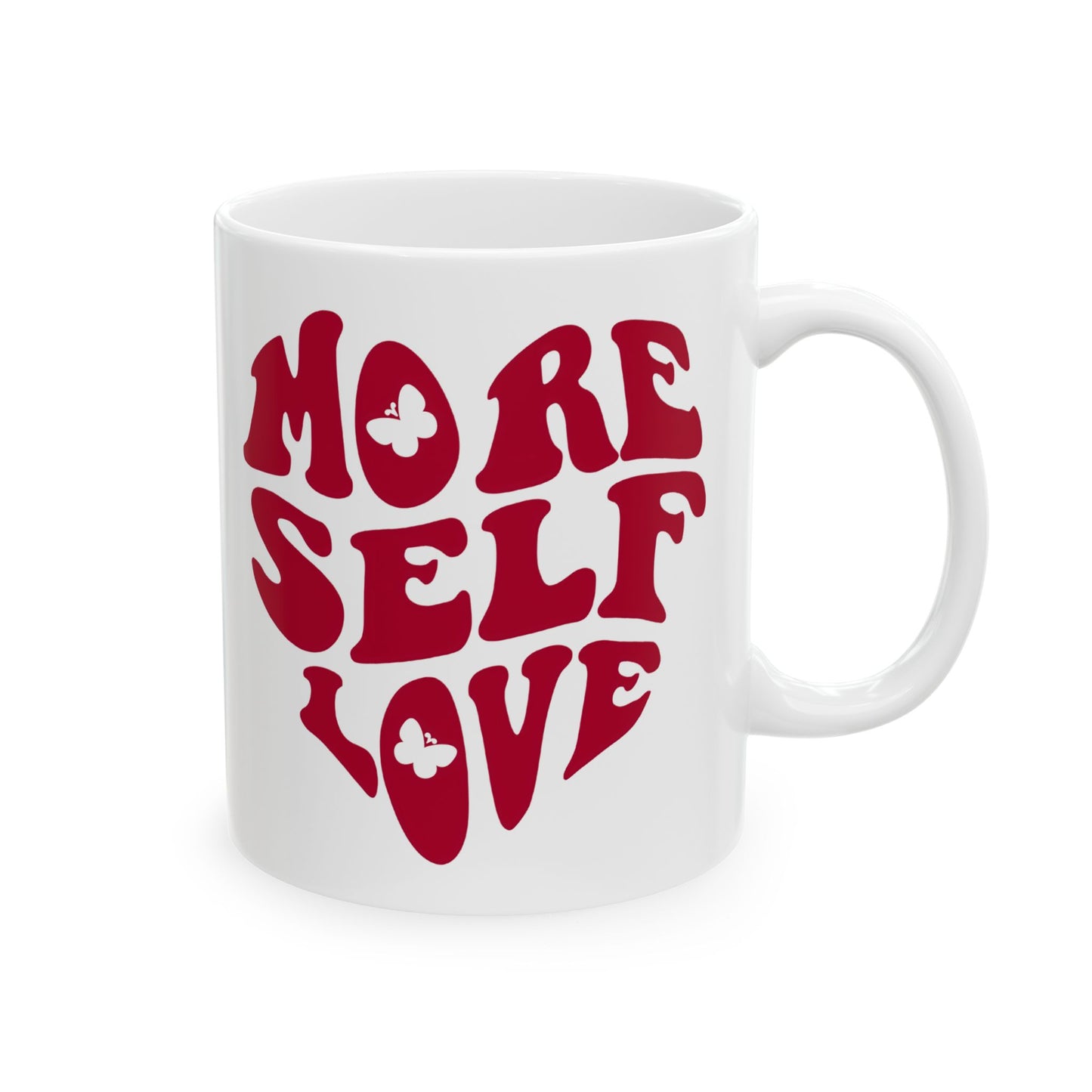 White More Self Love butterfly mug front view with red heart shaped affirmation design on a white background