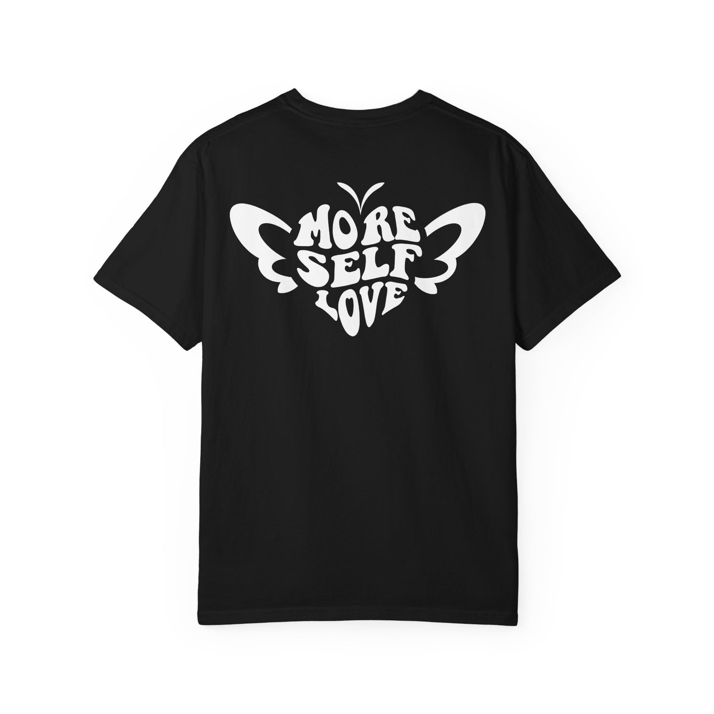 Back view of black More Self Love butterfly shirt with large heart shaped butterfly graphic on a white background