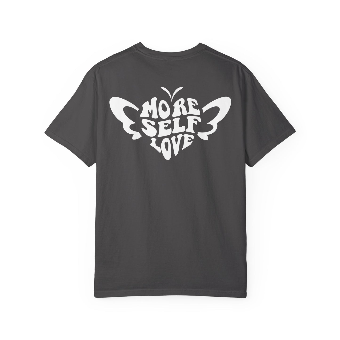 Gray More Self Love heart butterfly shirt relaxed fit against a white background