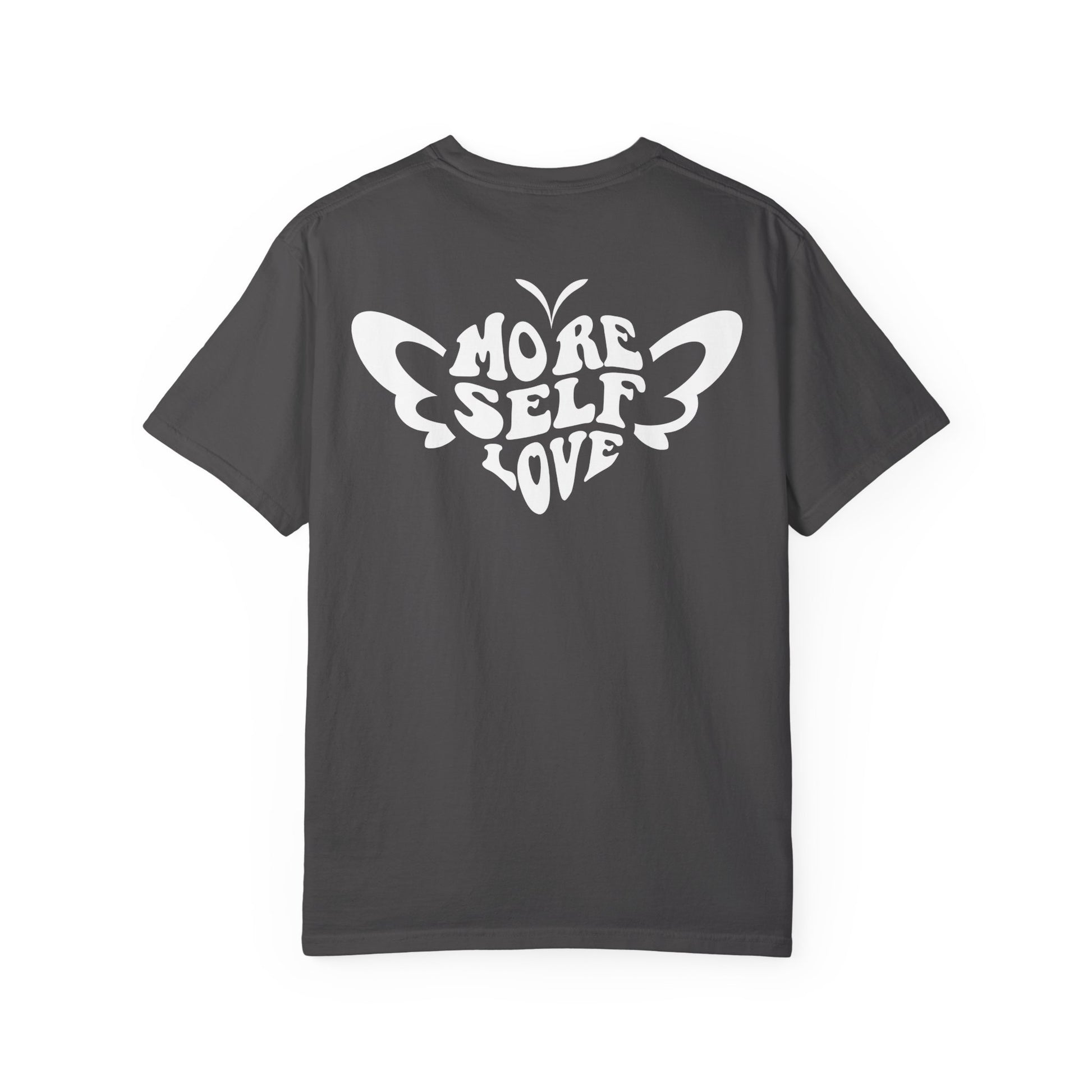 Gray More Self Love heart butterfly shirt relaxed fit against a white background