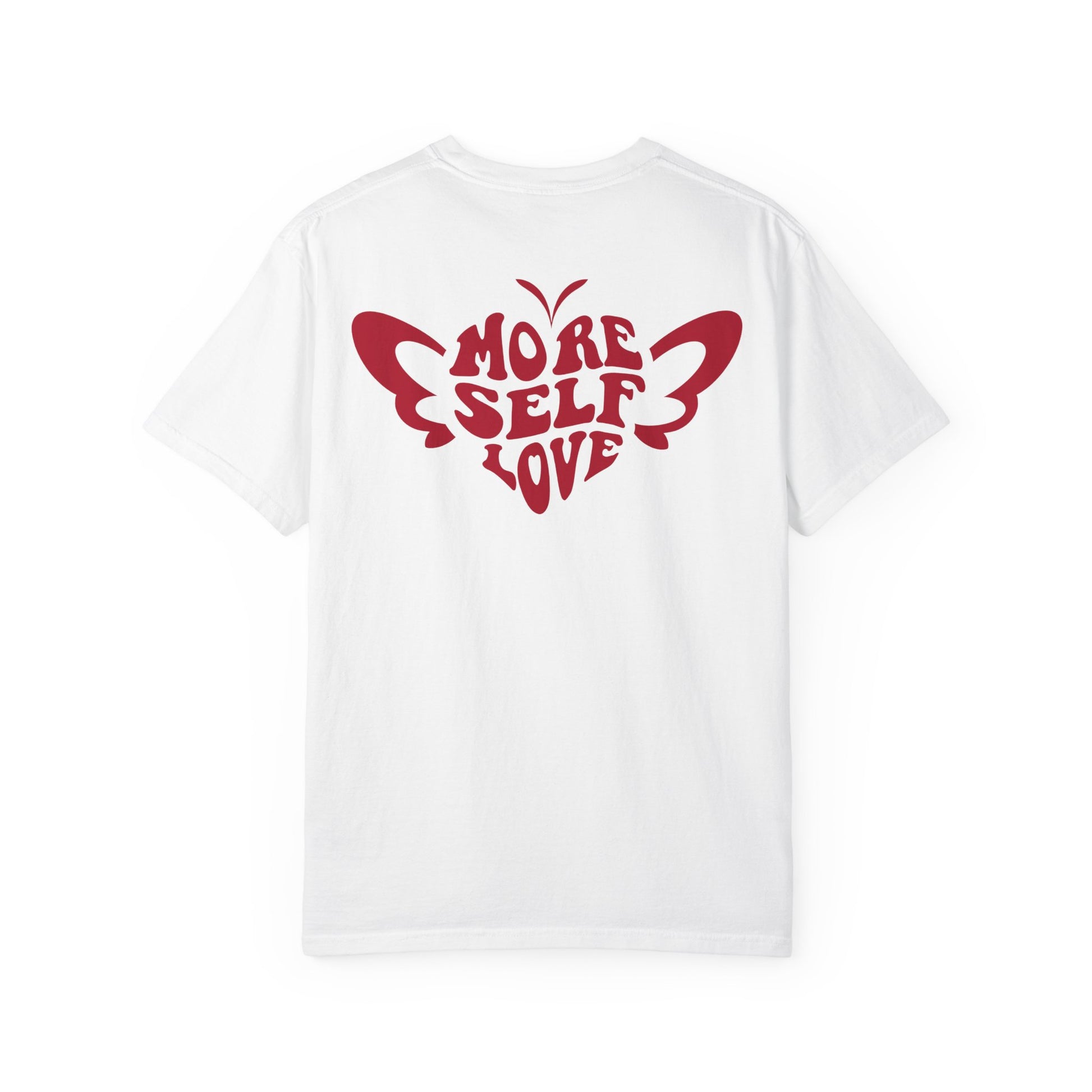 Back view of white More Self Love butterfly shirt with large heart shaped butterfly graphic on a white background