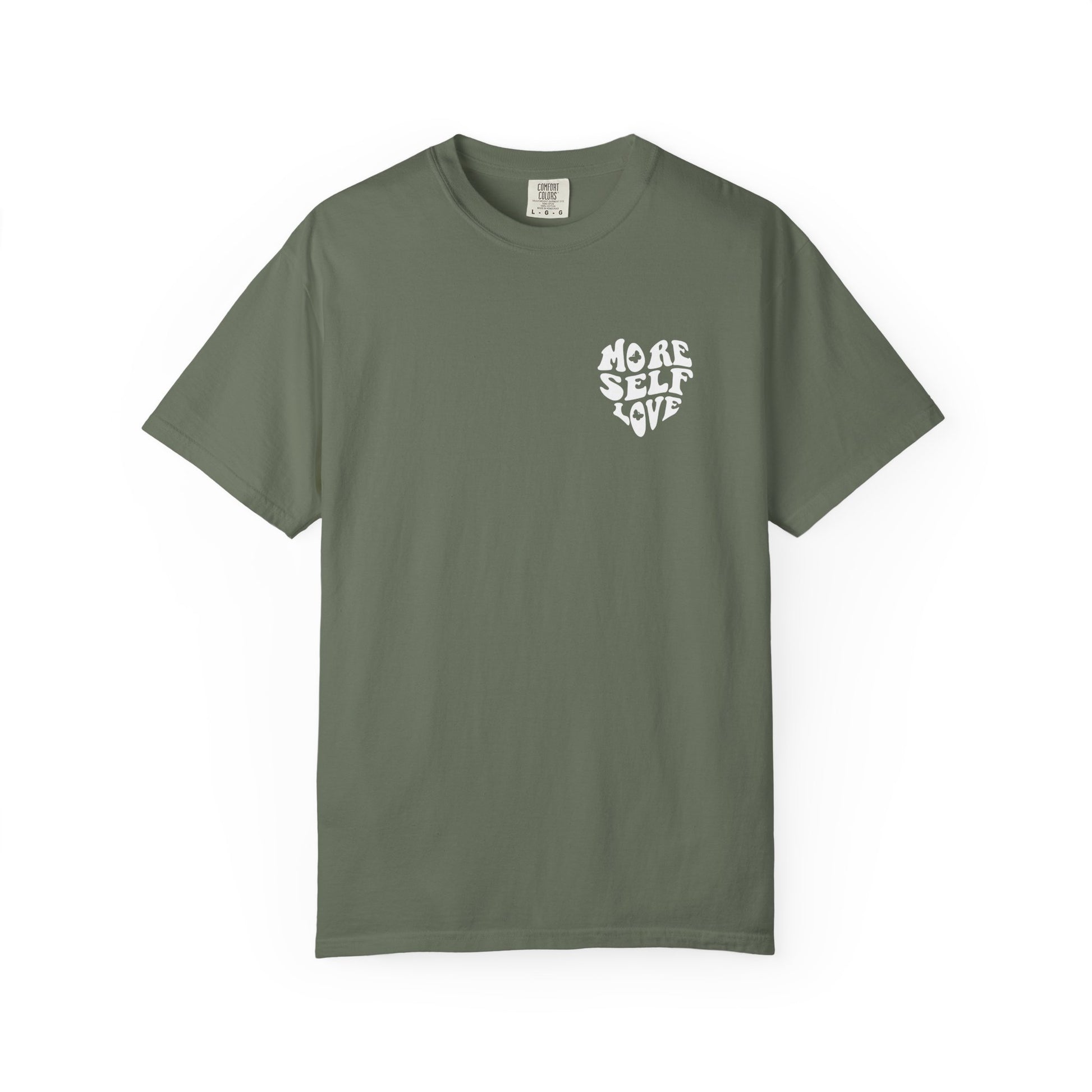 Green More Self Love butterfly shirt with small front heart affirmation design on a white background