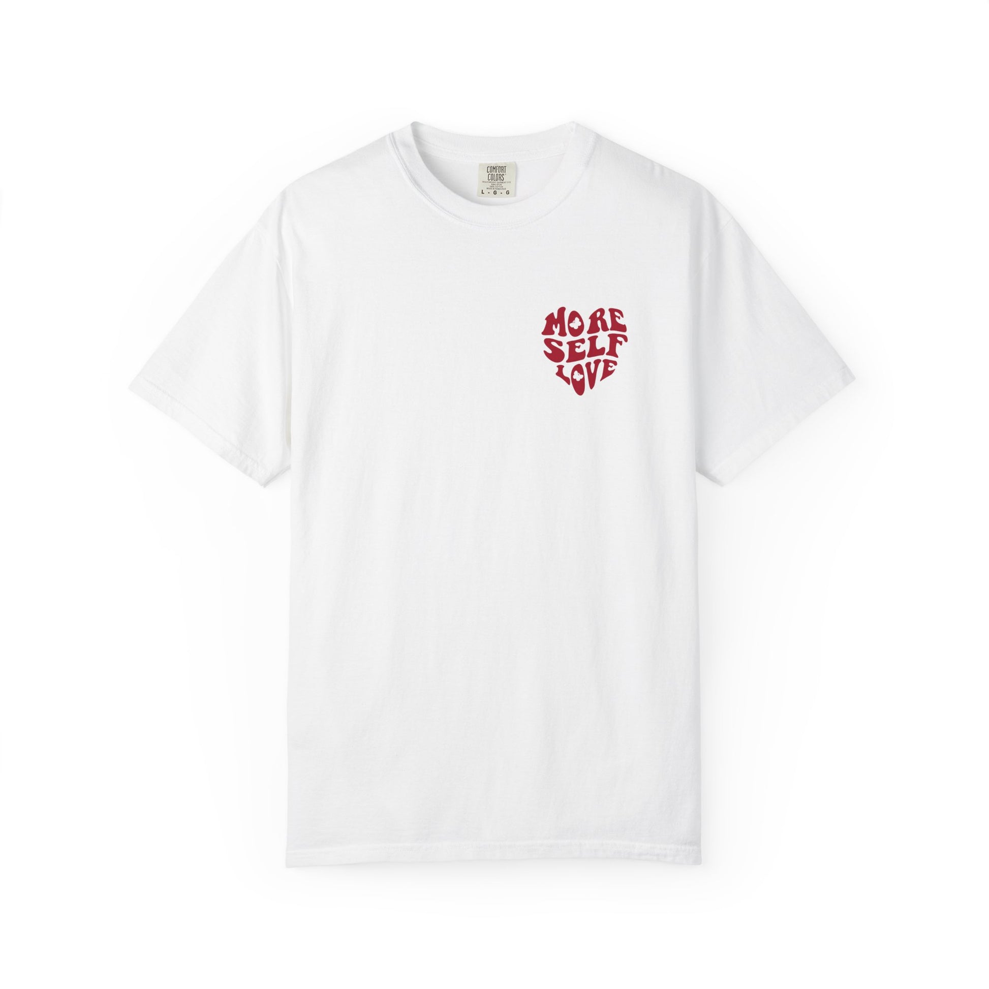 White More Self Love butterfly shirt with small front heart affirmation design on a white background