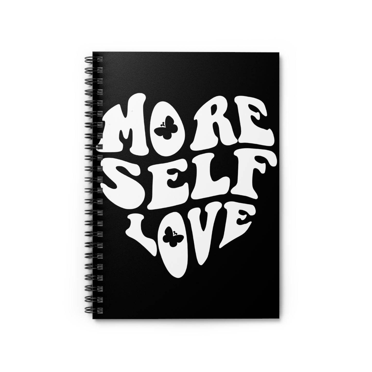 Black More Self Love butterfly spiral notebook front cover with heart shaped affirmation design on a white background