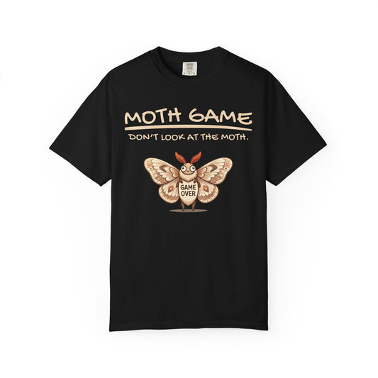 Funny black t-shirt featuring the phrase “Moth Game Don’t Look At The Moth” with a cute moth graphic and Game Over text on a white background