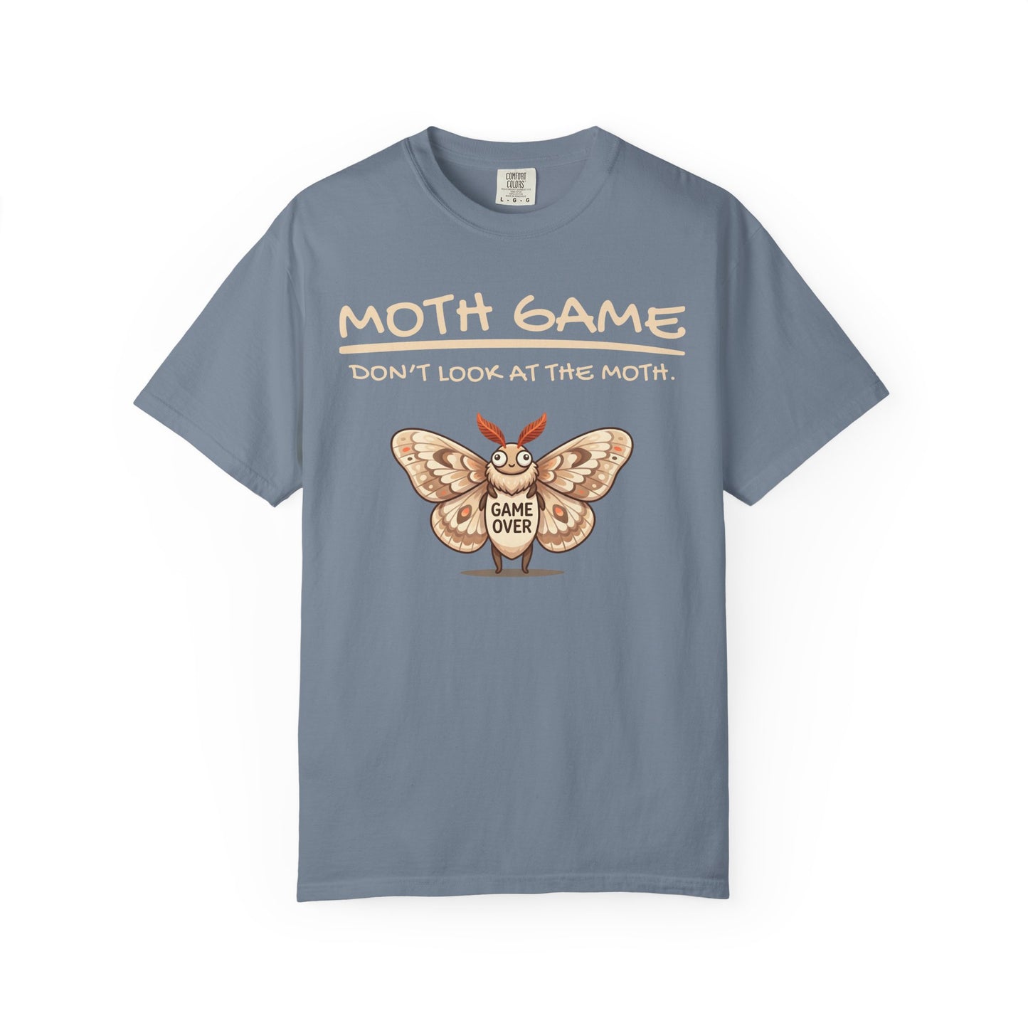 Blue funny moth meme t-shirt with Game Over moth graphic and gamer-style slogan on a white background