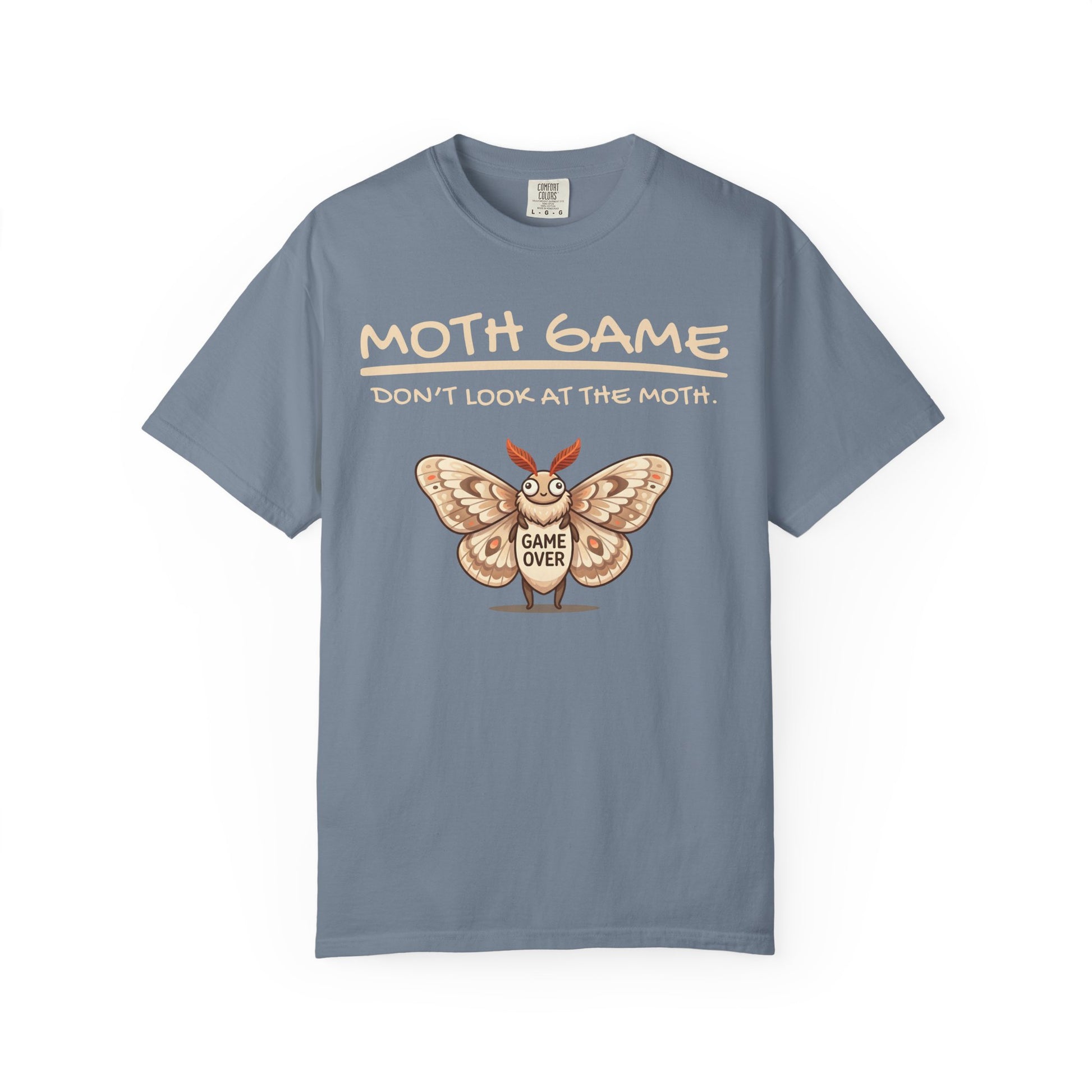 Blue funny moth meme t-shirt with Game Over moth graphic and gamer-style slogan on a white background