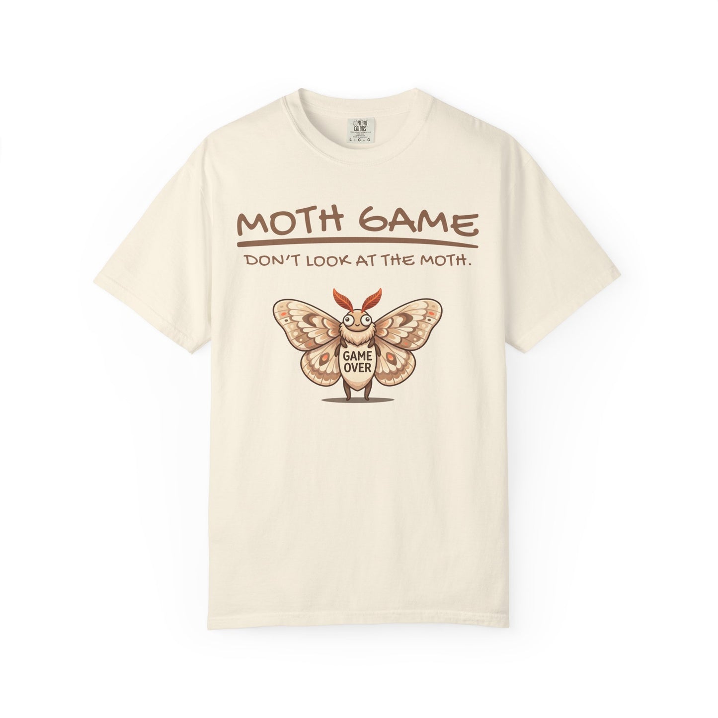 Cream graphic t-shirt featuring a funny moth meme design with Moth Game text and Game Over moth artwork. on a white background