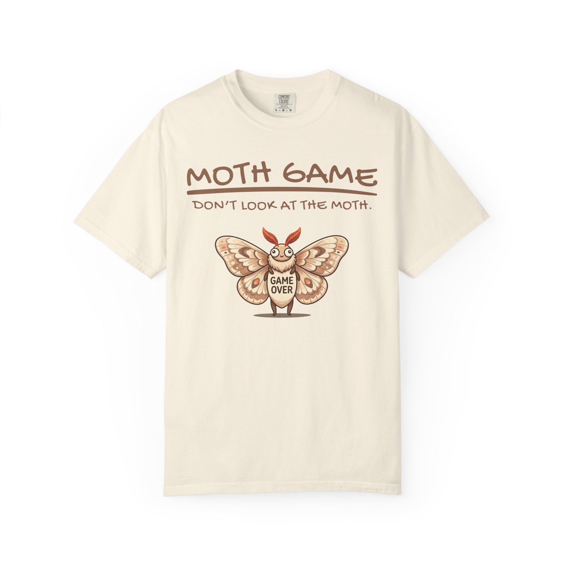 Cream graphic t-shirt featuring a funny moth meme design with Moth Game text and Game Over moth artwork. on a white background