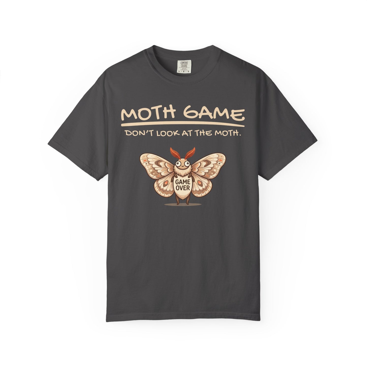 Gray funny moth t-shirt with gaming humor slogan and cute moth Game Over graphic on a white background