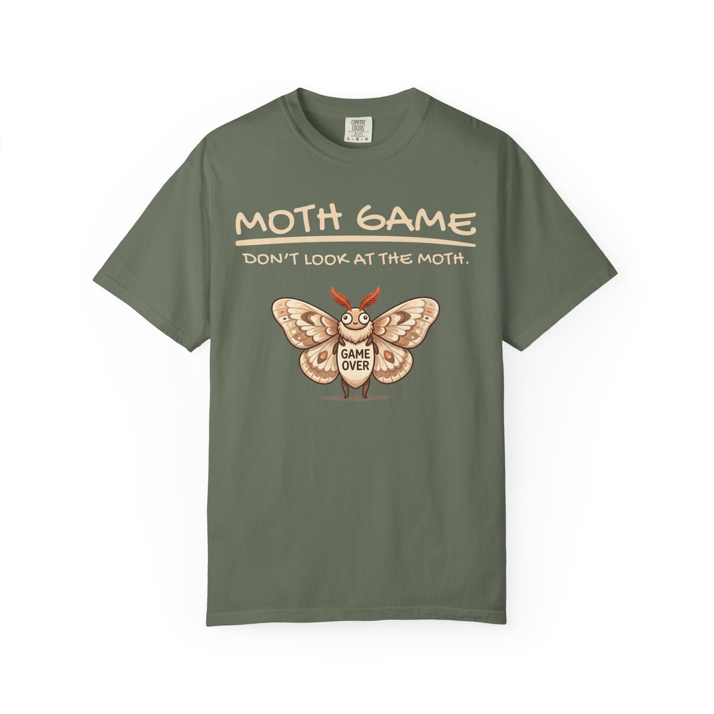 Green novelty moth gamer shirt featuring Moth Game Don’t Look At The Moth text and cartoon moth illustration on a white background