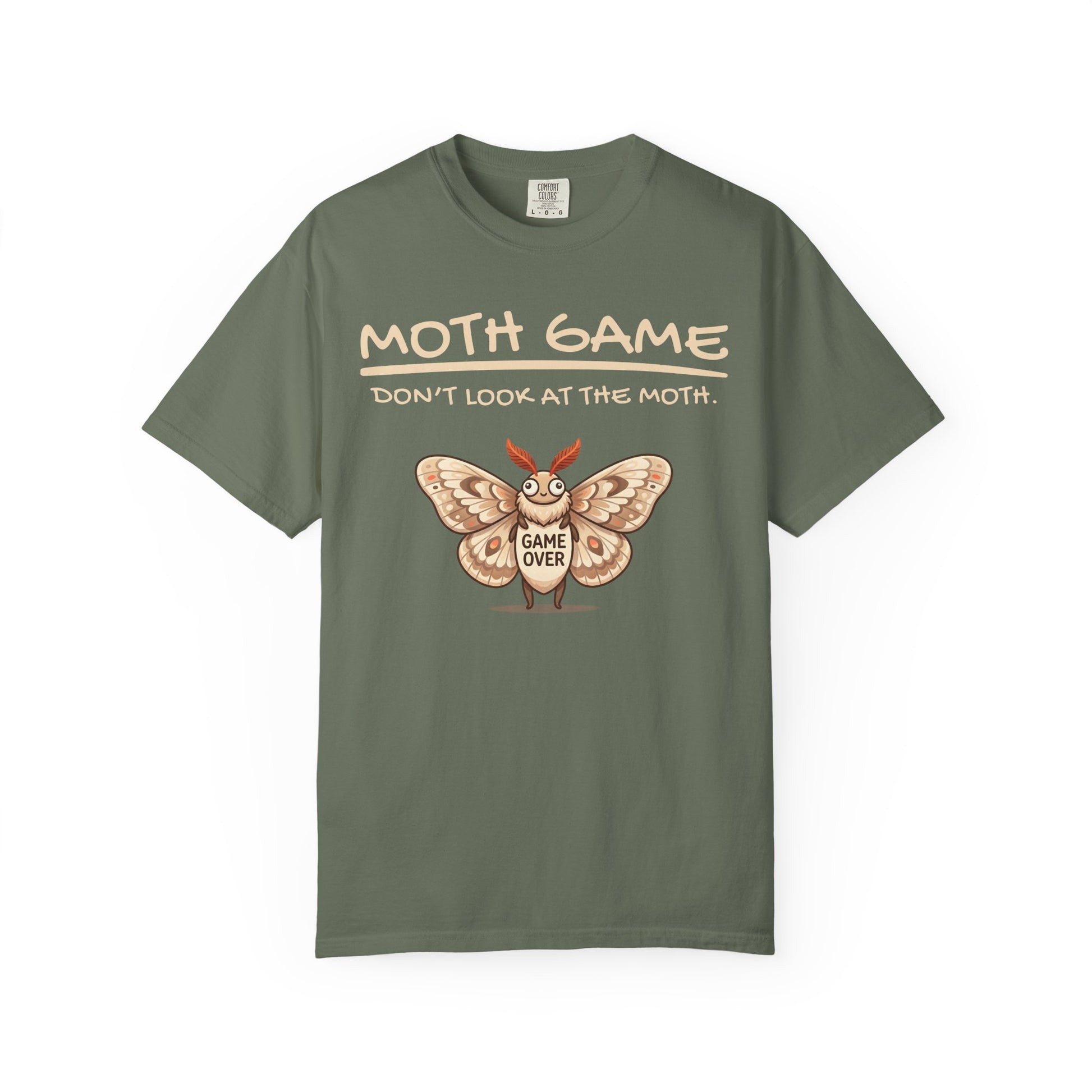 Green novelty moth gamer shirt featuring Moth Game Don’t Look At The Moth text and cartoon moth illustration on a white background