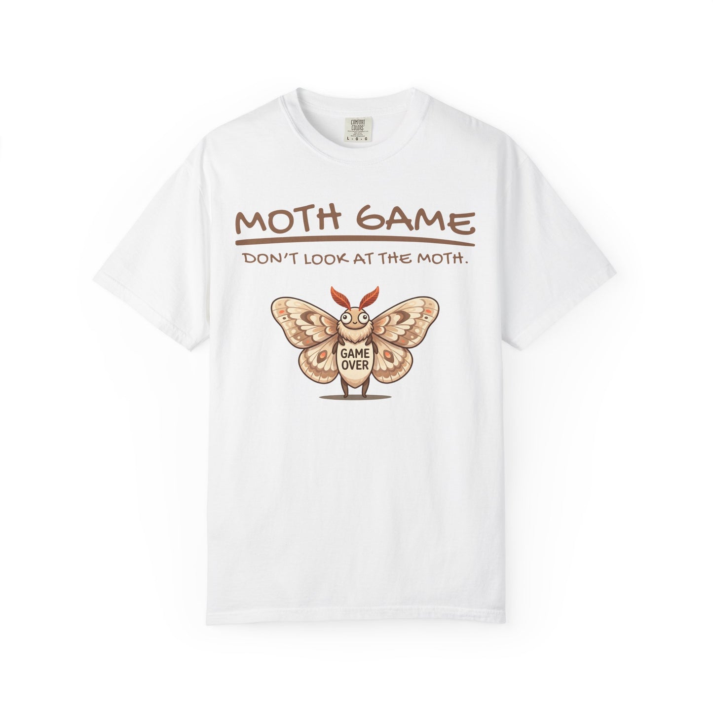 White funny moth gamer t-shirt with Moth Game Don’t Look At The Moth text and Game Over moth illustration on a white background