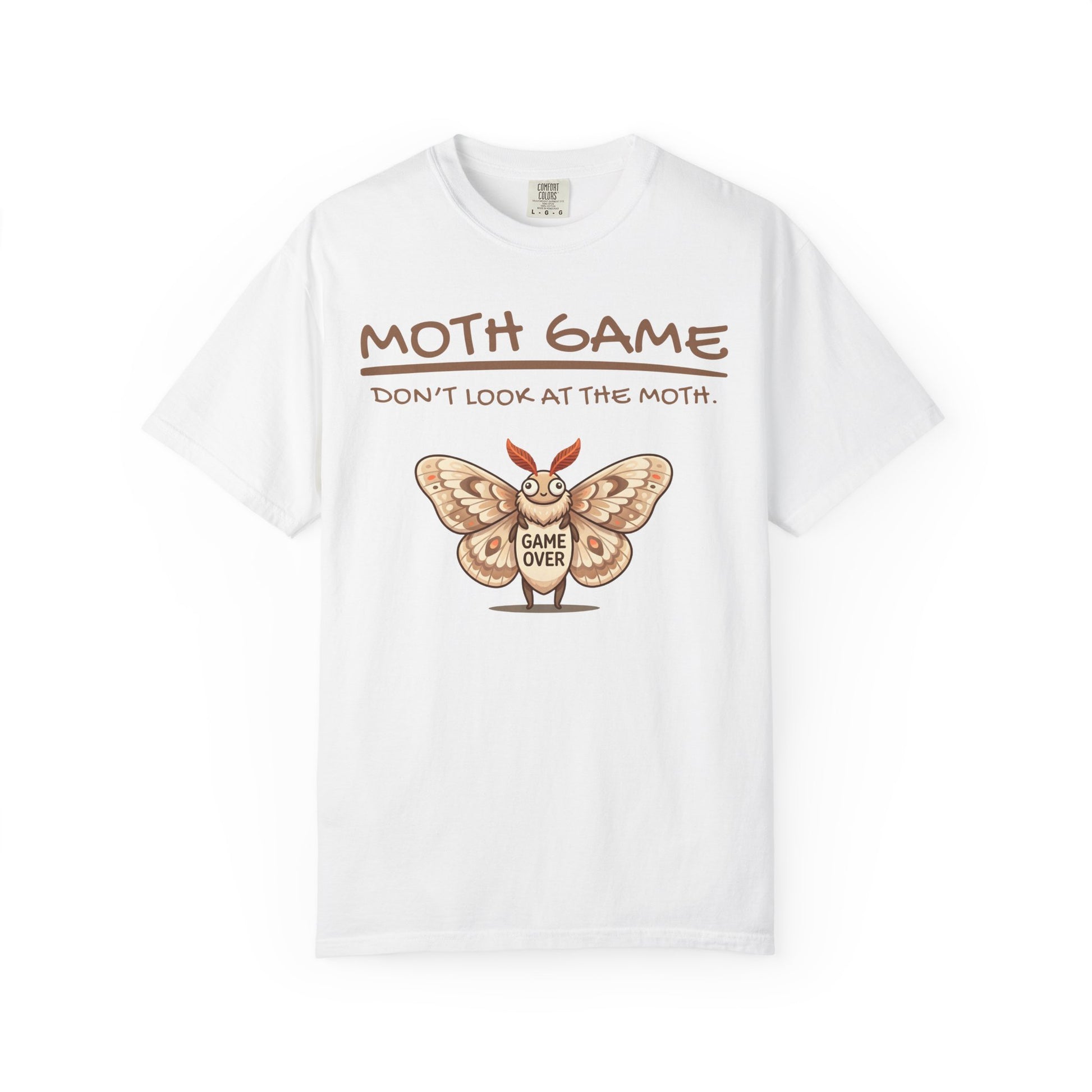 White funny moth gamer t-shirt with Moth Game Don’t Look At The Moth text and Game Over moth illustration on a white background
