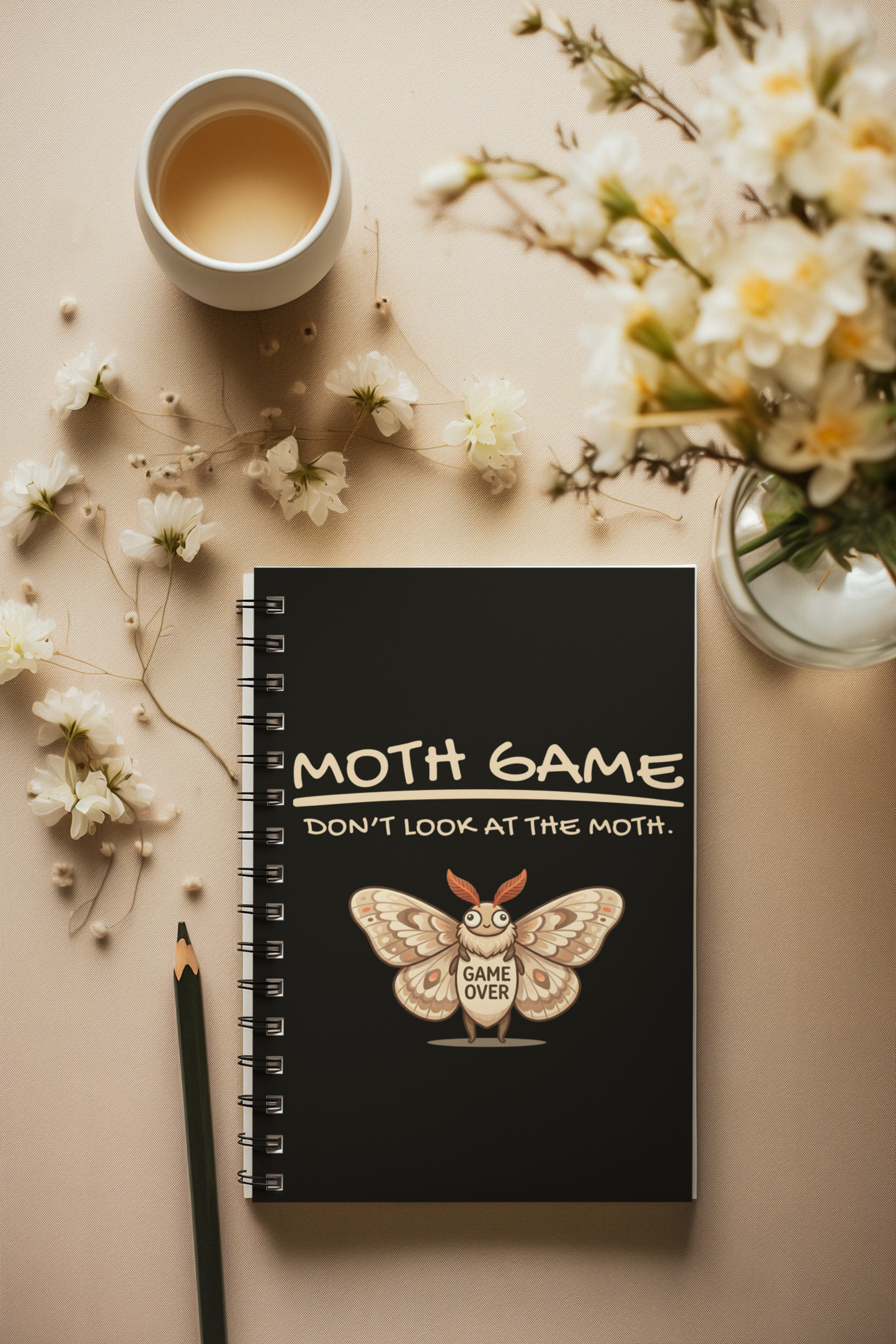 Funny Moth Game spiral notebook on a desk with coffee and flowers, featuring a cute moth and Game Over design