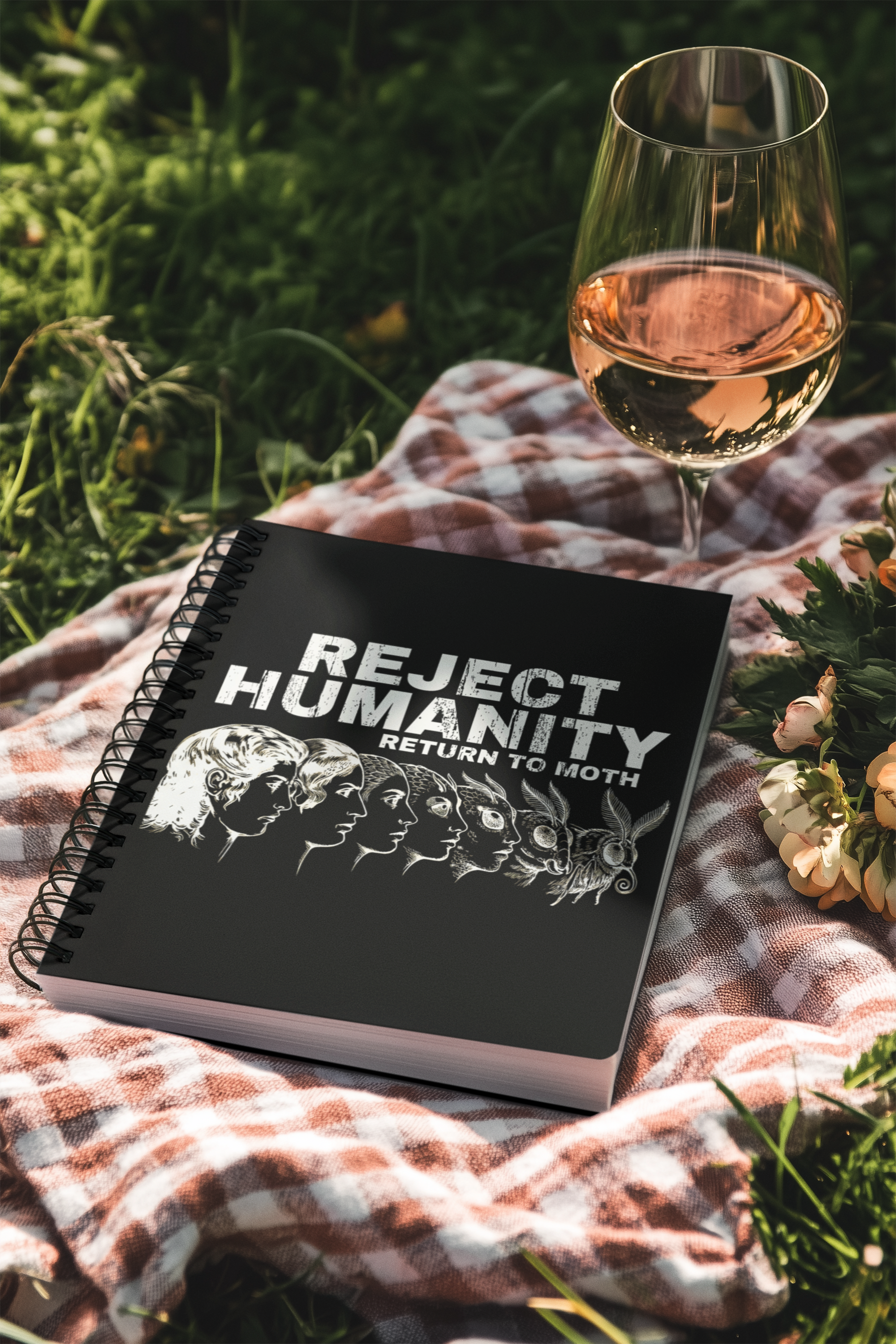 Notebook with reject humanity return to moth notebook on a picnic blanket with a glass of wine.
