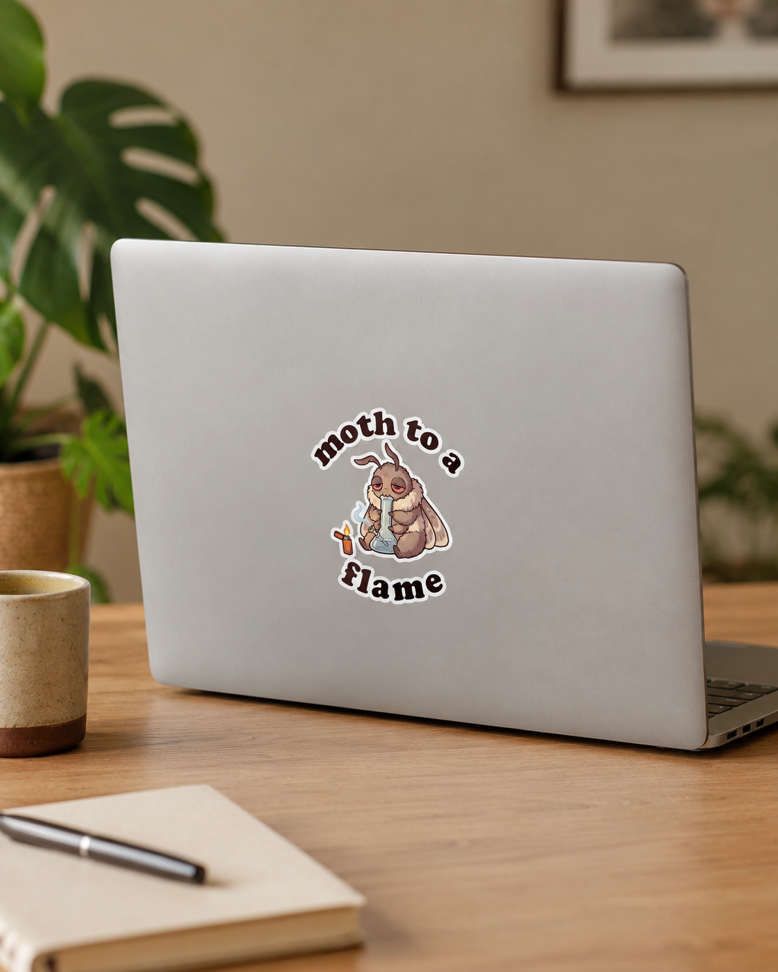 Moth To a Flame stoner moth sticker on a laptop in an indoor desk setup, cute cannabis decor decal for 420 lovers and weed fans.