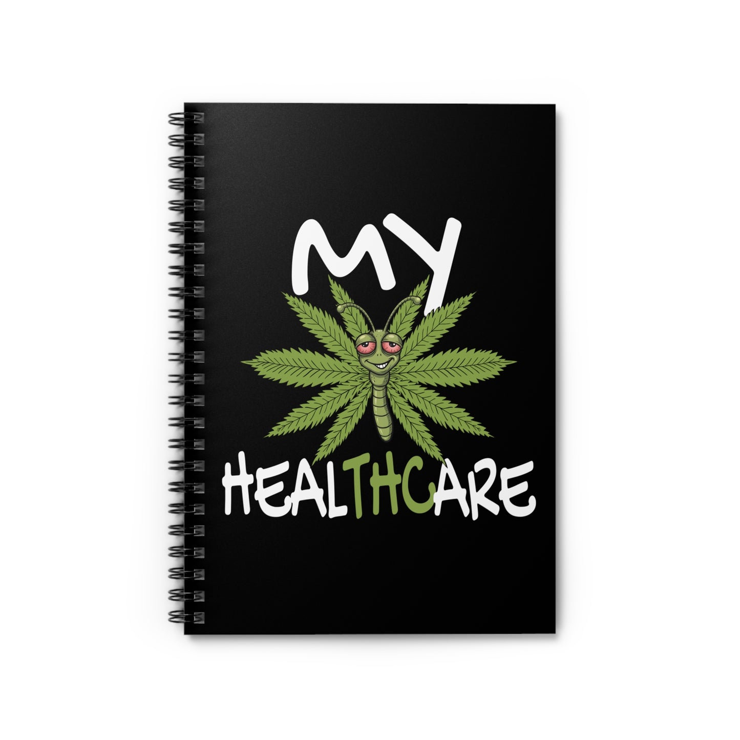 My Healthcare cannabis butterfly spiral notebook with black front cover, funny THC marijuana leaf design, and ruled journal pages.