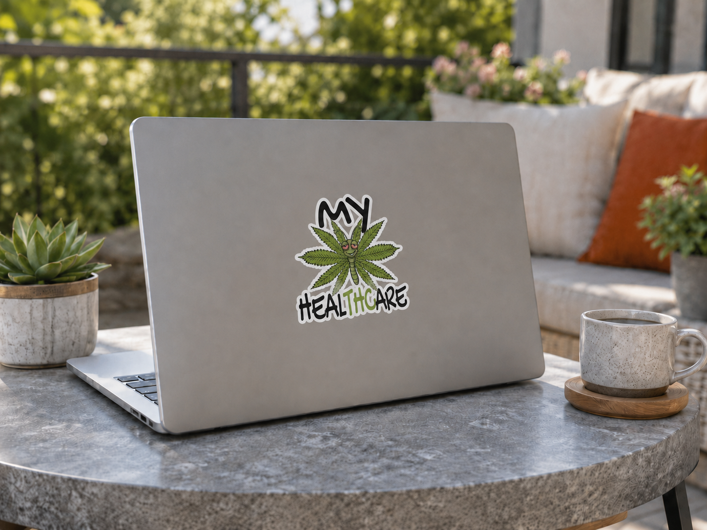 My Healthcare cannabis butterfly sticker on a laptop in an outdoor patio setting, shown as a funny indoor-style decal for cannabis fans.