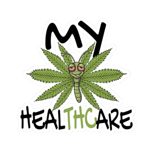 My Healthcare cannabis butterfly sticker with a funny THC marijuana leaf design, white border, and glossy vinyl finish.