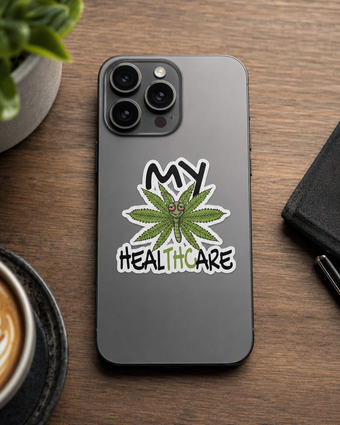 My Healthcare cannabis butterfly sticker on the back of a phone, styled as a funny weed decal for 420 fans and cannabis lovers.