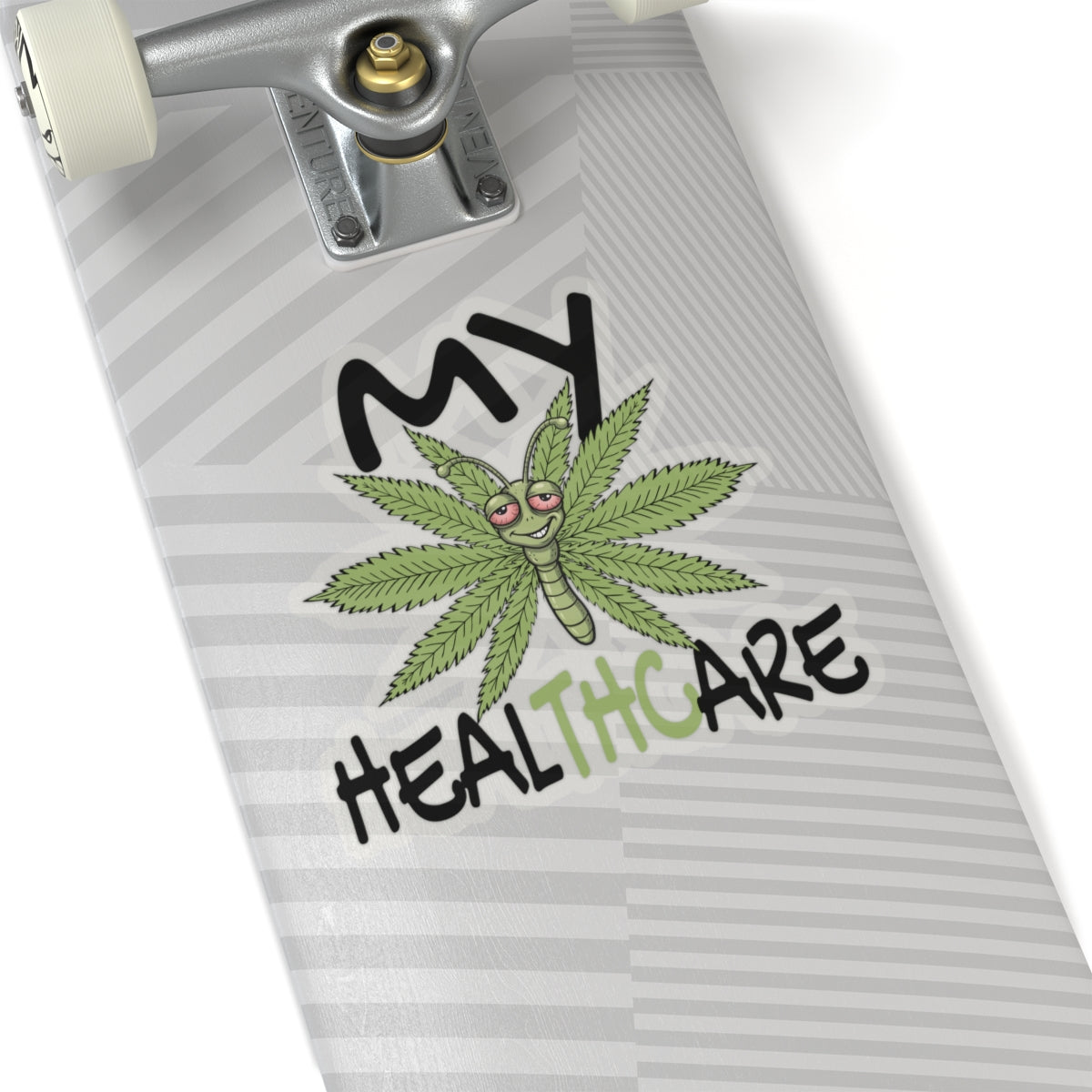 My Healthcare cannabis butterfly sticker on a skateboard, featuring funny THC healthcare humor and a marijuana leaf butterfly graphic.