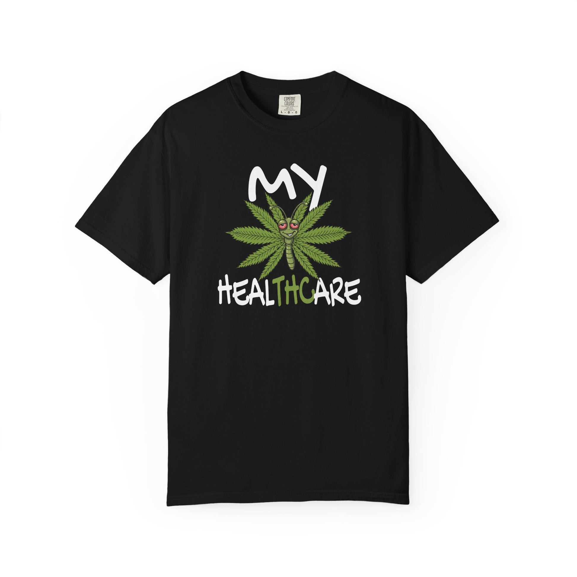 Black My Healthcare cannabis butterfly t-shirt featuring a funny marijuana leaf graphic and THC healthcare humor design.