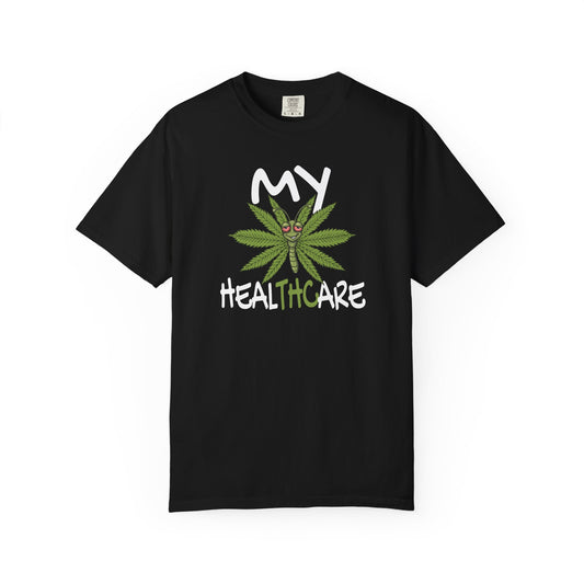 Black My Healthcare cannabis butterfly t-shirt featuring a funny marijuana leaf graphic and THC healthcare humor design.