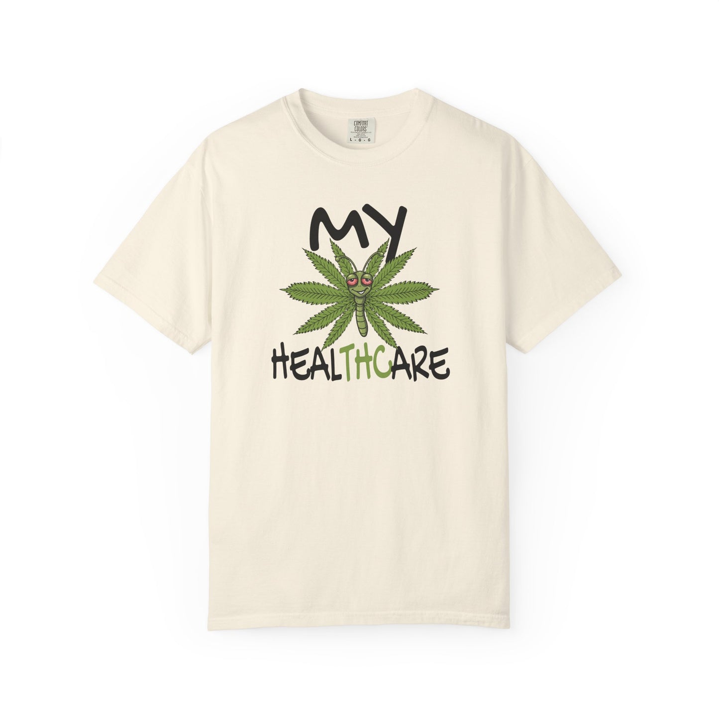 Cream My Healthcare cannabis butterfly t-shirt featuring a funny marijuana leaf graphic and THC healthcare humor design.