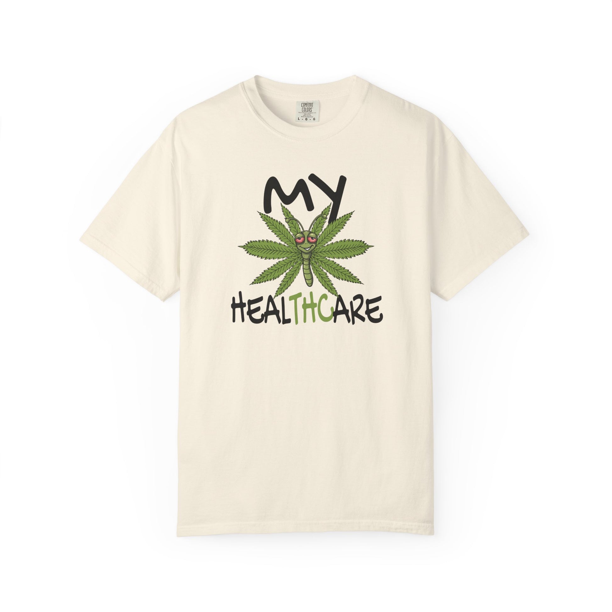 Cream My Healthcare cannabis butterfly t-shirt featuring a funny marijuana leaf graphic and THC healthcare humor design.