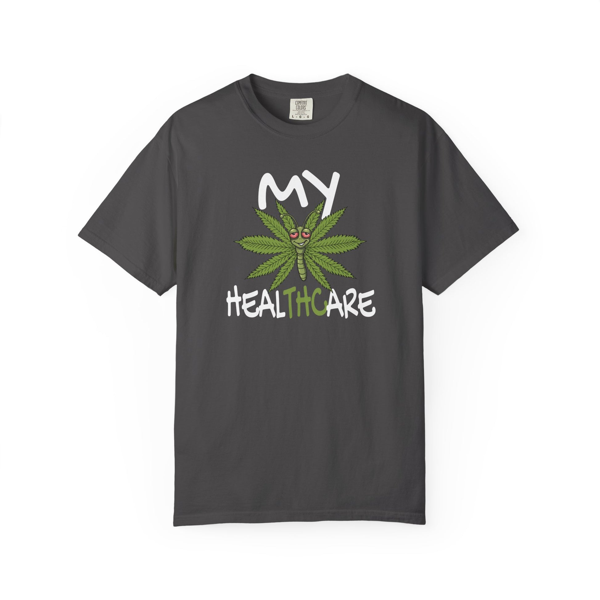 Gray My Healthcare cannabis butterfly t-shirt featuring a funny marijuana leaf graphic and THC healthcare humor design.