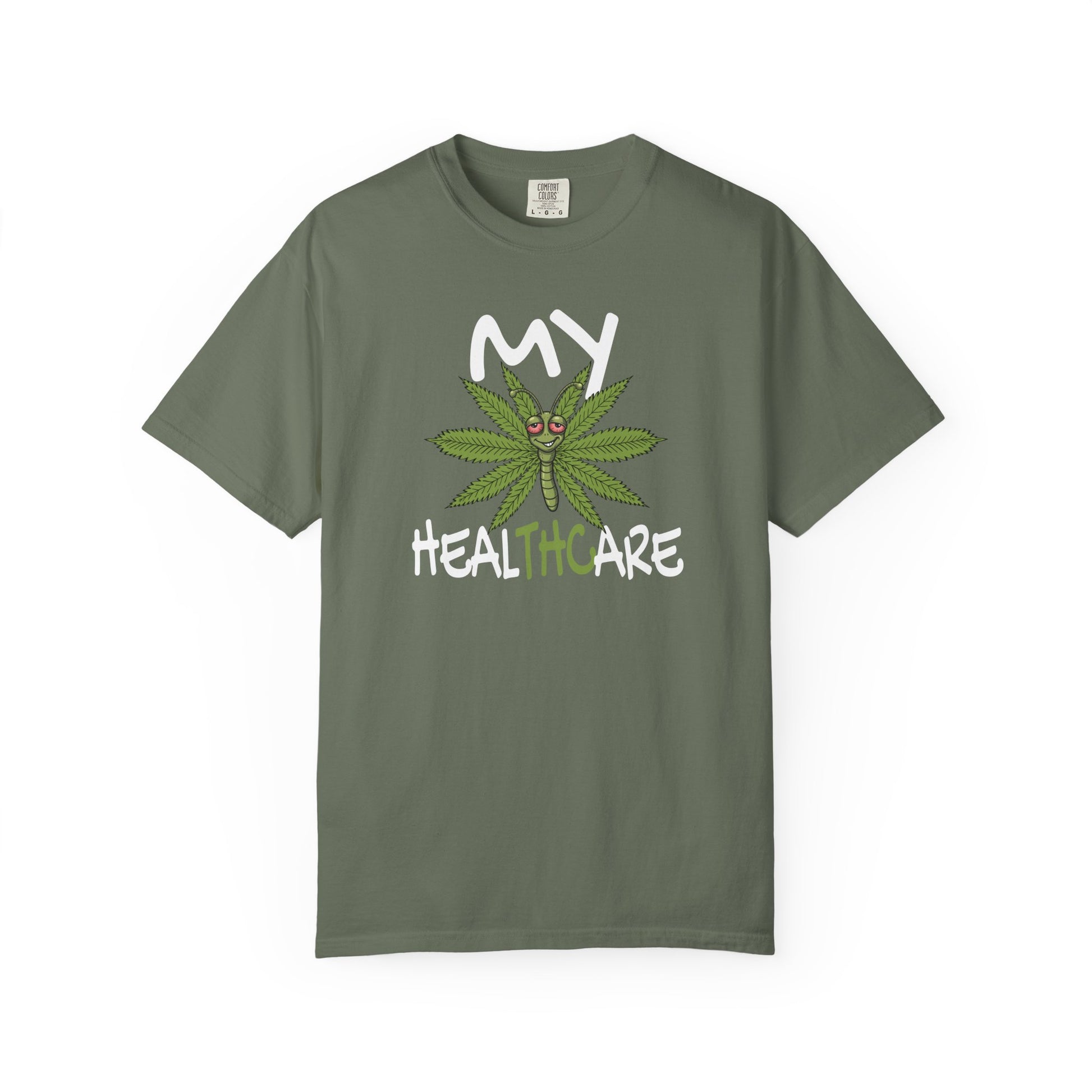 Green My Healthcare cannabis butterfly t-shirt featuring a funny marijuana leaf graphic and THC healthcare humor design.