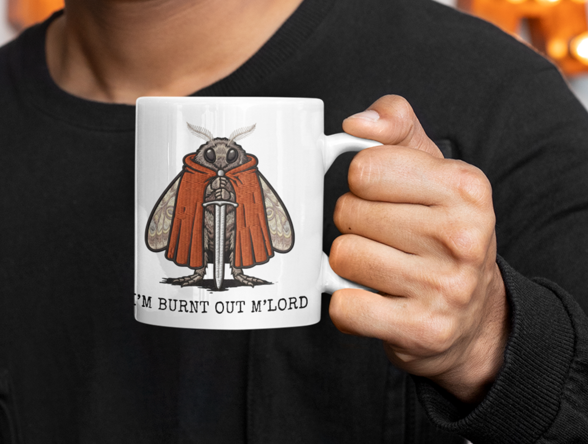 person holding funny moth meme mug with sarcastic burnout humor design
