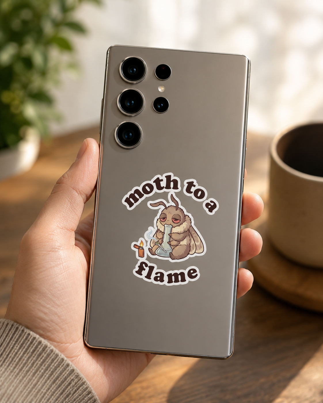 Moth To a Flame cannabis sticker on the back of a phone, featuring a cute stoner moth design for marijuana smokers and 420 fans.