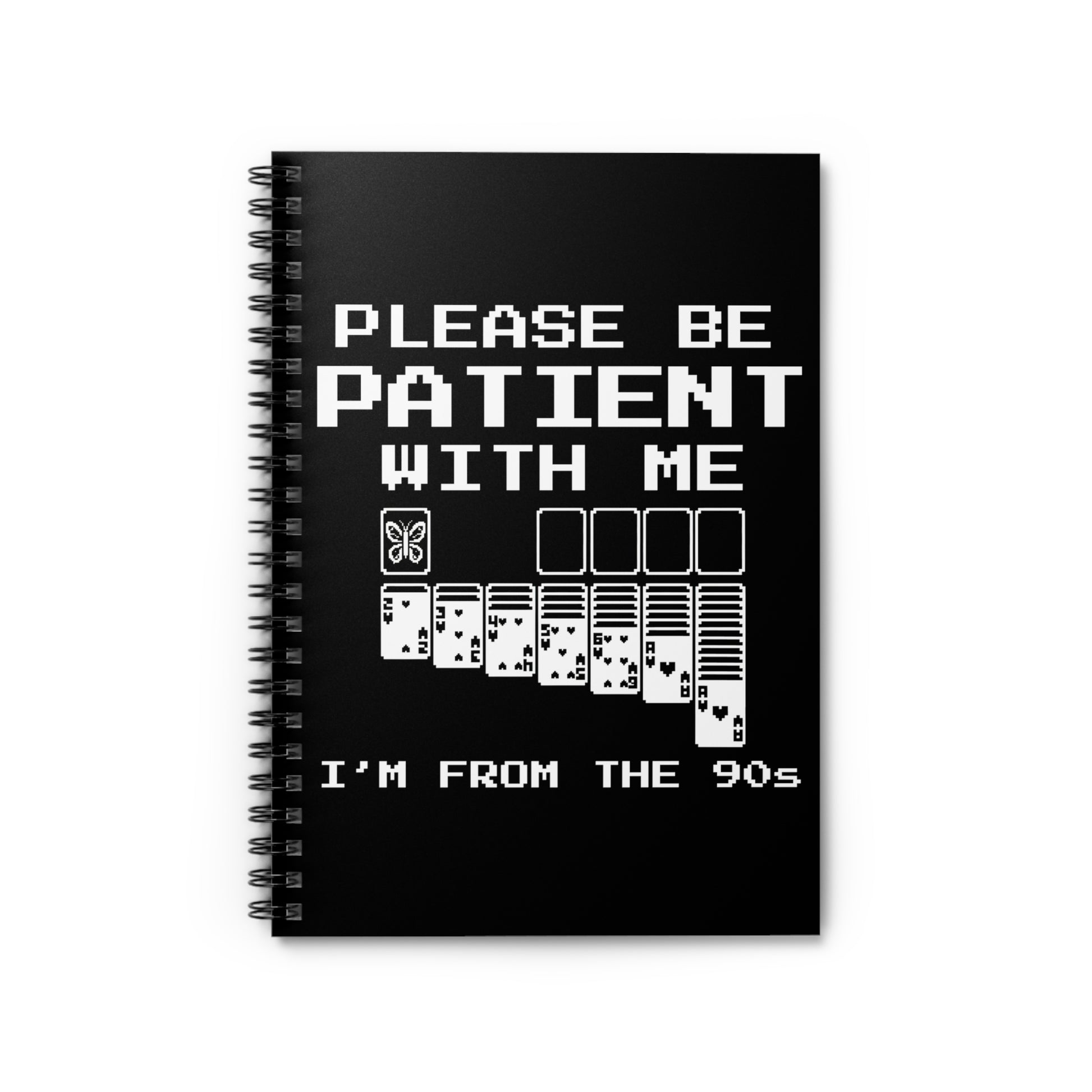 Please Be Patient With Me I'm From The 90s butterfly spiral notebook with retro pixel design on a white background