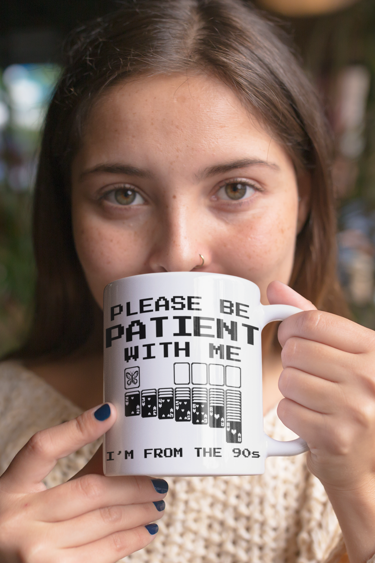 Woman drinking from funny 90s nostalgia butterfly coffee mug with sarcastic text
