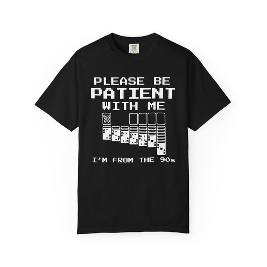 Funny Please Be Patient With Me I'm From The 90s butterfly t-shirt with retro pixel solitaire design on a white background