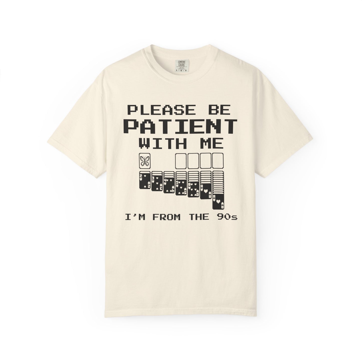 Retro 90s butterfly graphic shirt Please Be Patient With Me nostalgia design on a white background