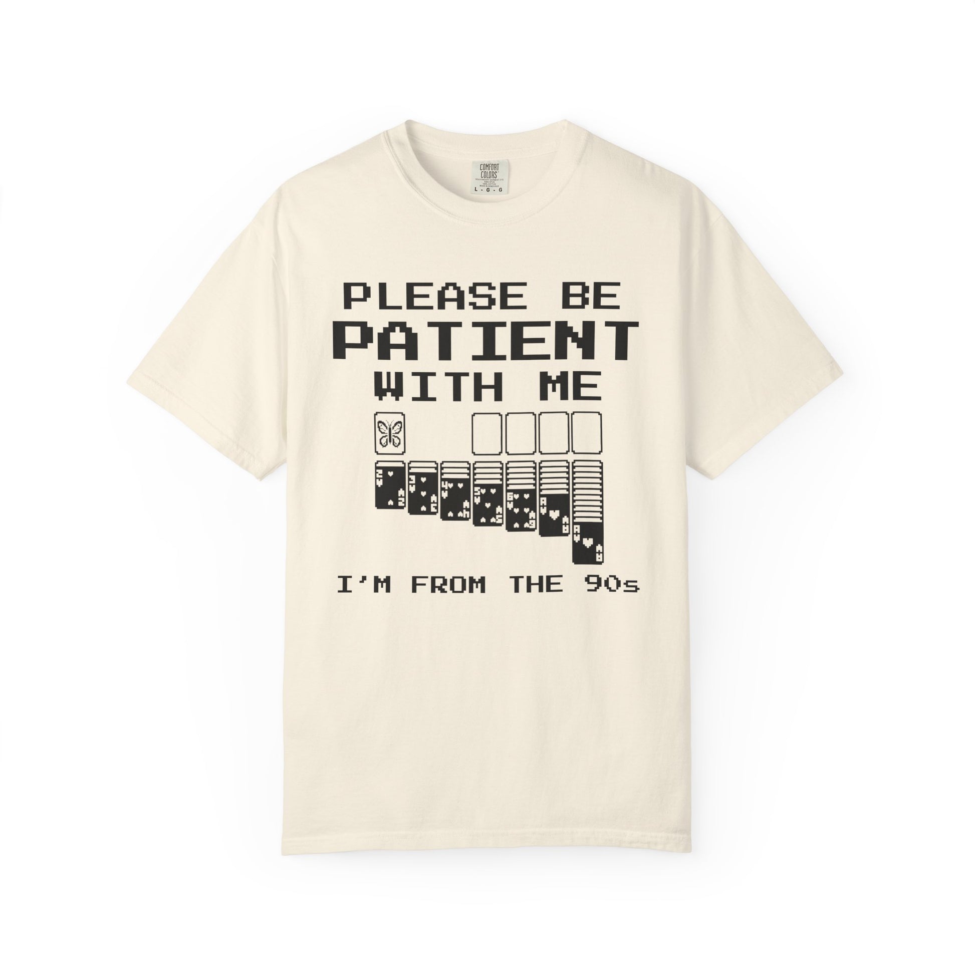 Retro 90s butterfly graphic shirt Please Be Patient With Me nostalgia design on a white background