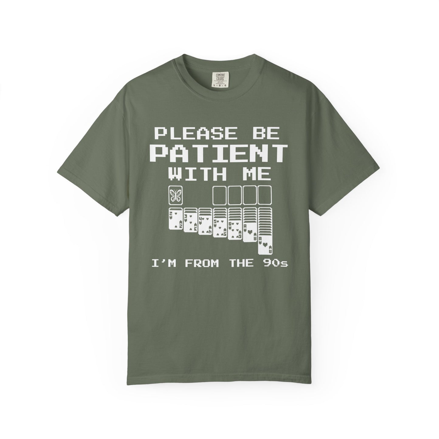Green retro butterfly introvert humor shirt Please Be Patient With Me I'm From The 90s on a white background