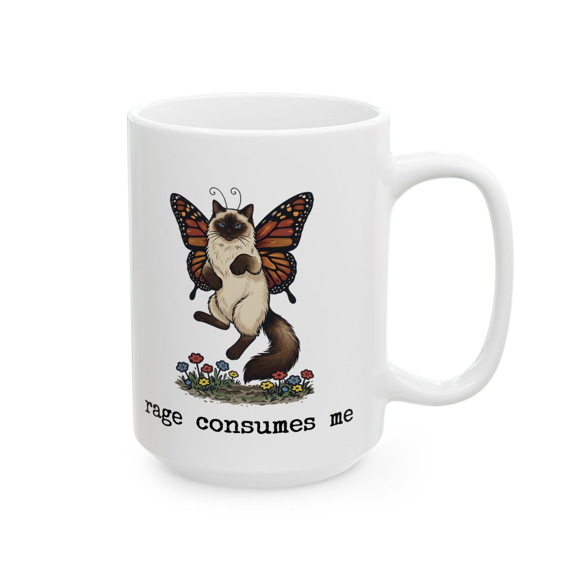 White ceramic Rage Consumes Me 15oz mug with butterfly cat graphic angled view