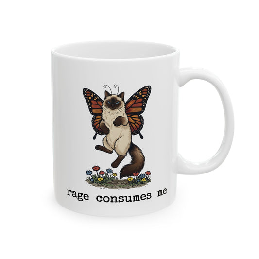 White Rage Consumes Me 11oz mug with butterfly Siamese cat design on front