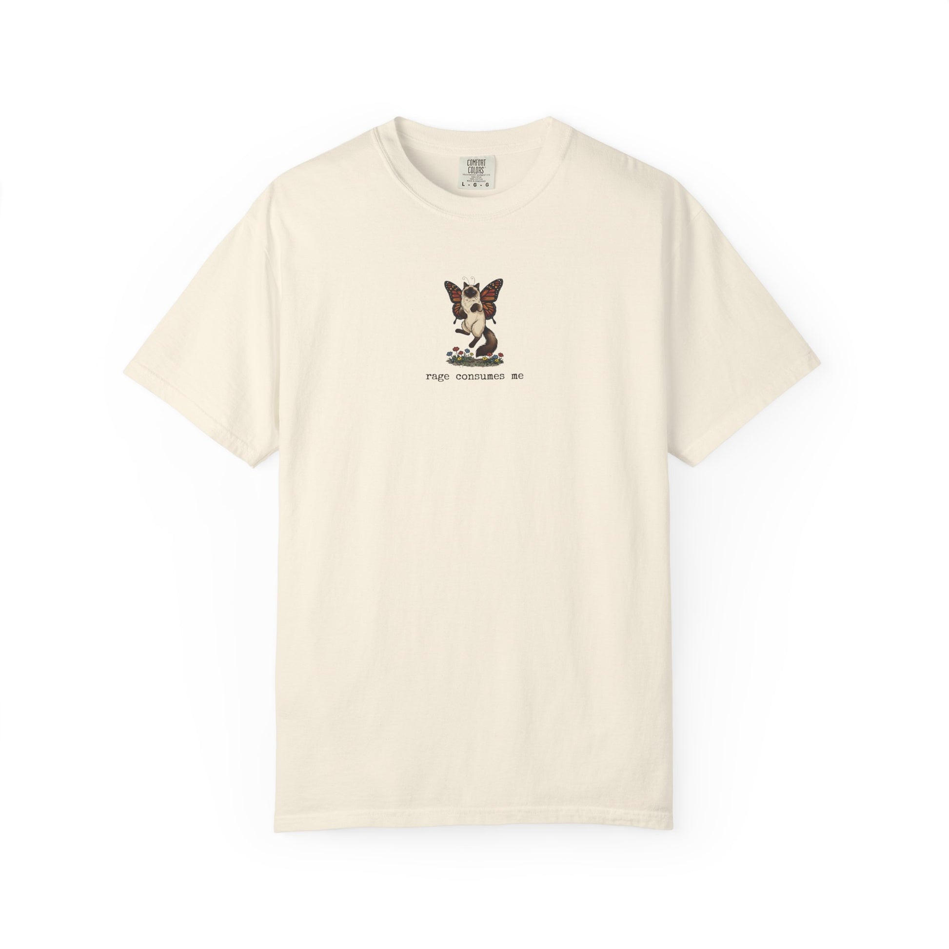 Natural cream Rage Consumes Me t-shirt with butterfly Siamese cat artwork