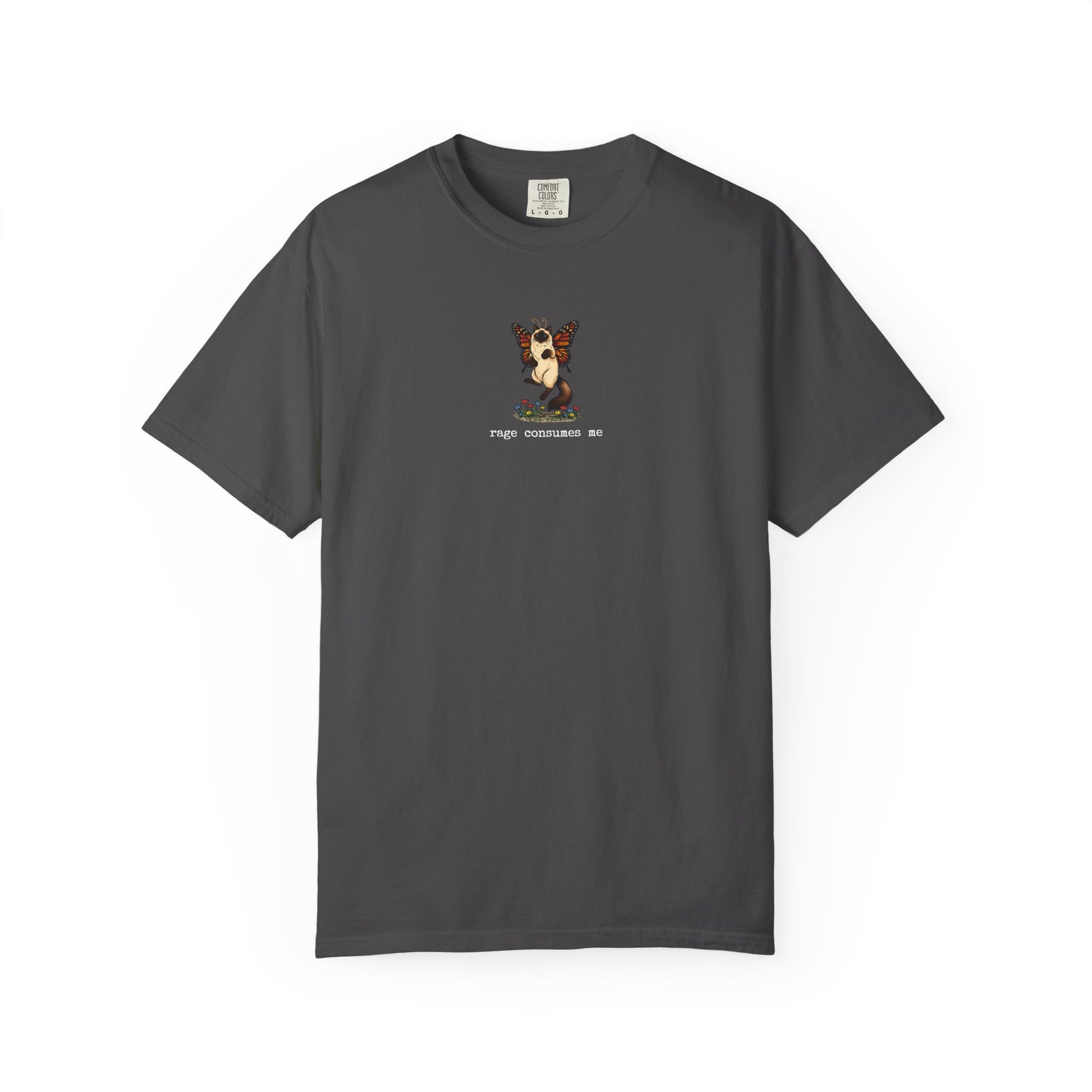 Gray funny butterfly cat t-shirt with Rage Consumes Me text
