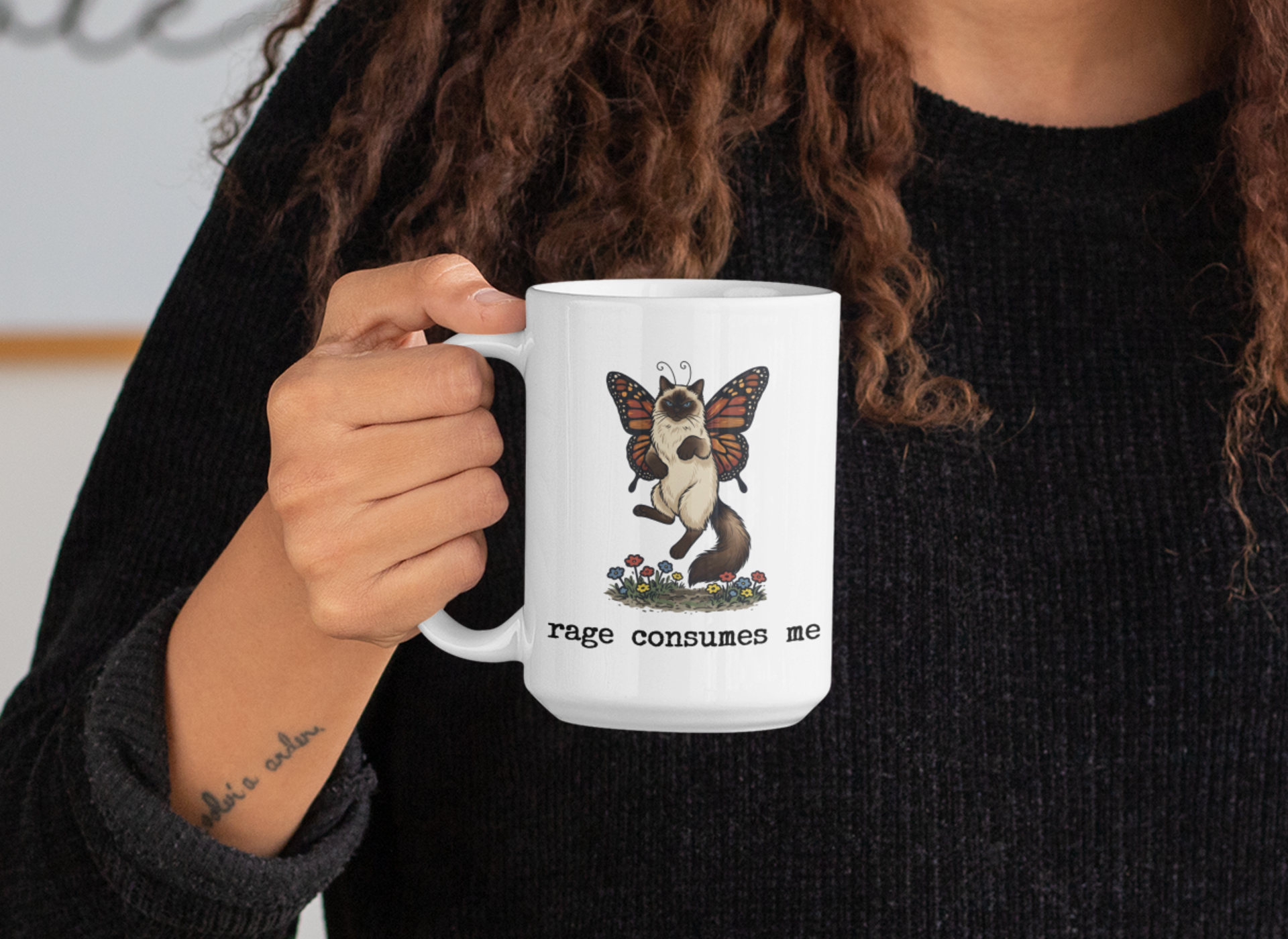 Person holding Rage Consumes Me butterfly Siamese cat coffee 15oz mug